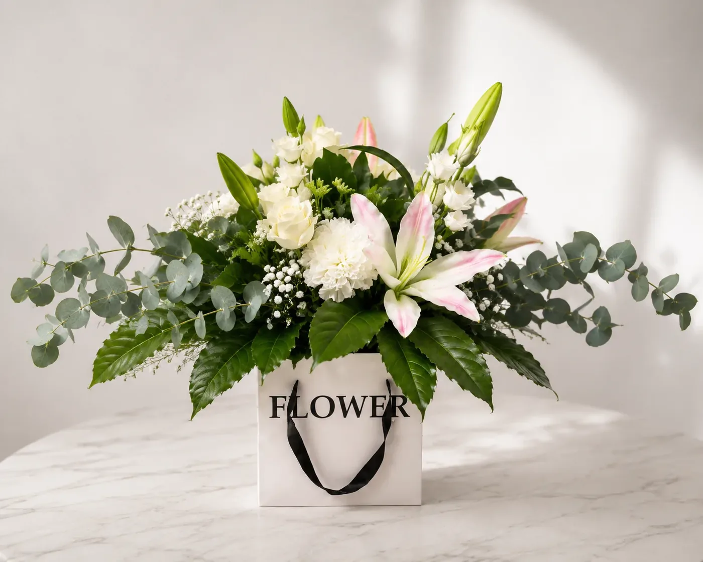 Signature flower box with white roses and pink lily - flower delivery in Prilep
