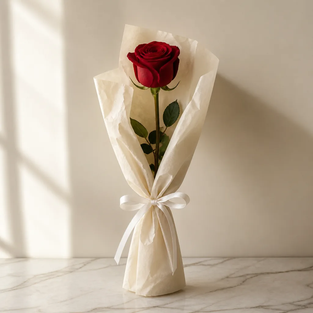 Single red rose wrapped in cream paper - flower delivery in Prilep