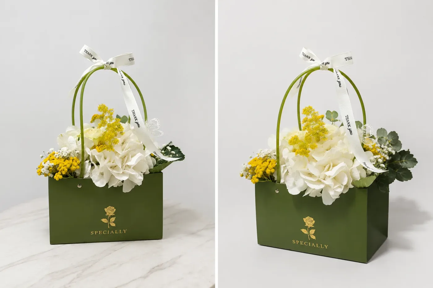 Special flower box with white hydrangea and mimosa - flower delivery in Prilep