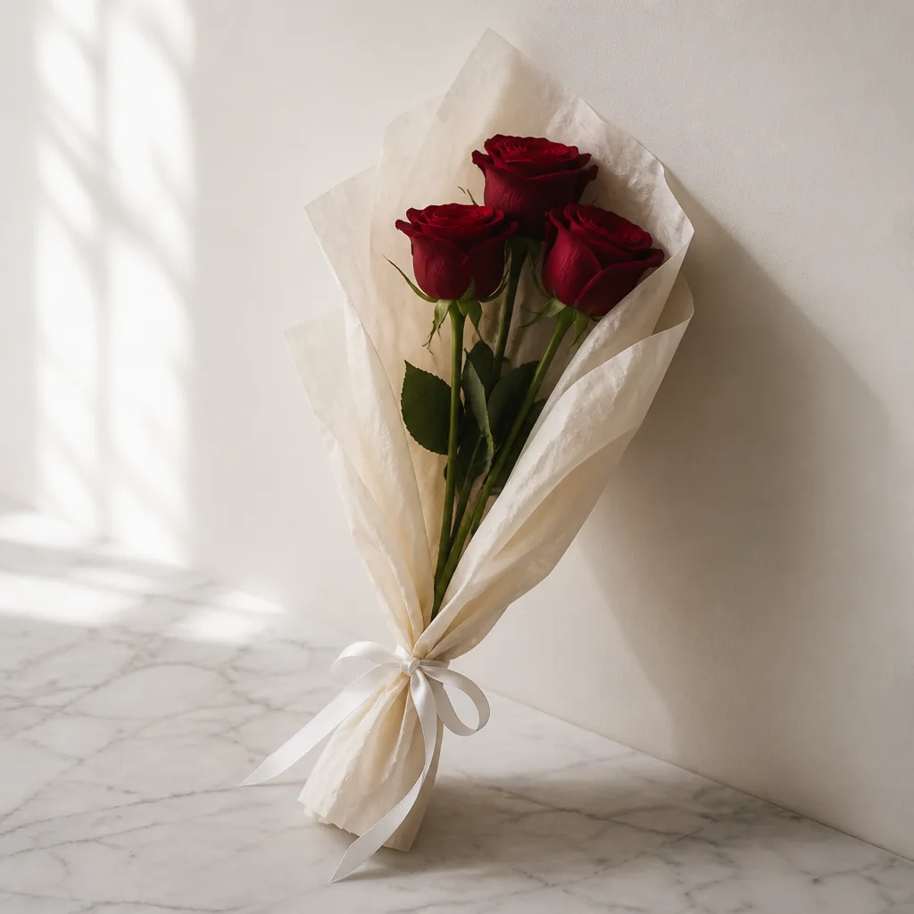 Three red roses hand-wrapped bouquet - flower delivery in Prilep